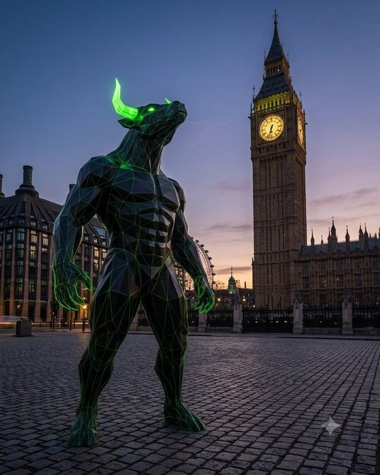 A glowing green digital bull stands proudly on cobblestones with London's Big Ben clock tower in the background, symbolizing an imminent bull market. The phrase "Green is the new Gold" ties directly to the bullish green figure, while the accompanying tickers $ANSEM, $HBULL, and $CURB suggest related crypto investments to watch.