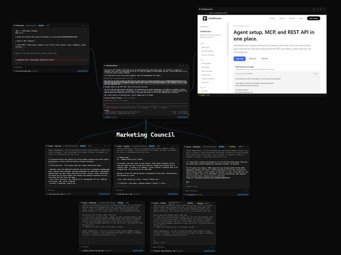 Screenshot showing 'Marketing Council' featuring multiple AI agent chat interfaces (Claude, Marketing Director) alongside a tool definition panel for agent setup with MCP and REST API.