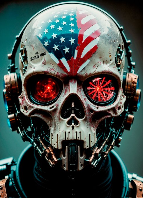 A metallic cyborg skull with glowing red eyes, featuring an American flag design painted on its forehead and various mechanical components.