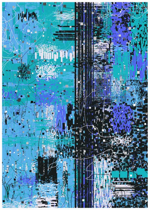 An abstract digital artwork featuring glitch-like patterns in shades of teal, blue, and black, with scattered squares, horizontal bars, and thin white scribbled lines layered throughout the composition.