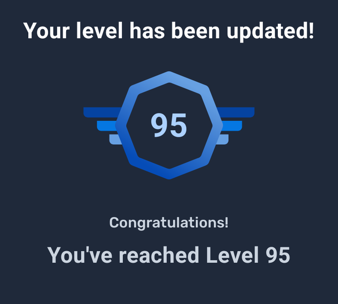 The image features a blue square with a number 95 inside of it, surrounded by a border that reads "Your level has been updated!". The background color of the image is black, which contrasts nicely with the blue square containing the number 95. The caption above the image provides information about the user's achievement in the game, specifically congratulating them on reaching Level 95 and informing them they have reached this milestone.
