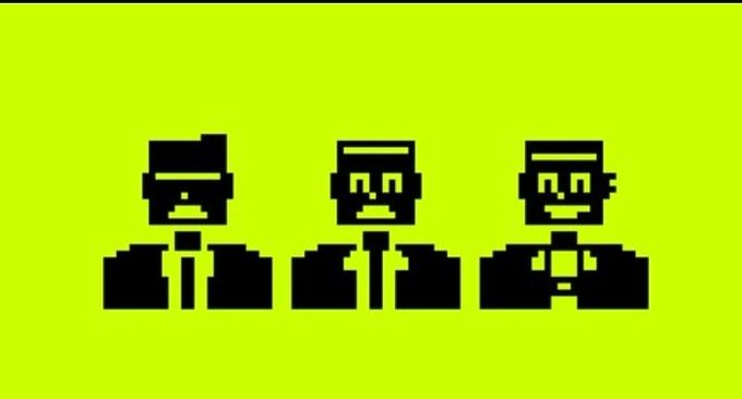 Three pixel-art figures resembling men in suits and hats are displayed in black silhouette against a bright lime-green background.