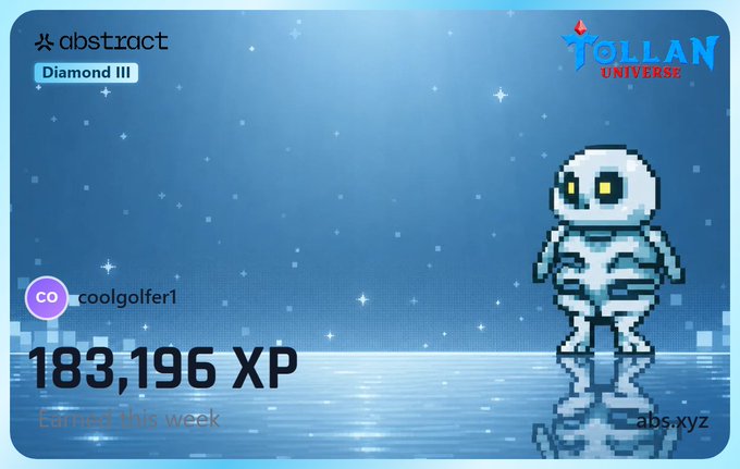 A profile card from the 'abstract' platform showing a pixel-art ice skeleton character belonging to user 'coolgolfer1' (183,196 XP, Diamond III rank) branded with 'JOLLAN UNIVERSE'.