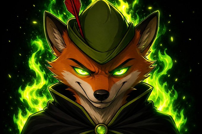A stylized fox with glowing green eyes and a green feathered hat stands surrounded by vibrant green flames, channeling the fierce, rebellious energy of "trench" crypto culture—perfectly visualizing the post's declaration that $FOX is "building an empire" and "unstoppable."