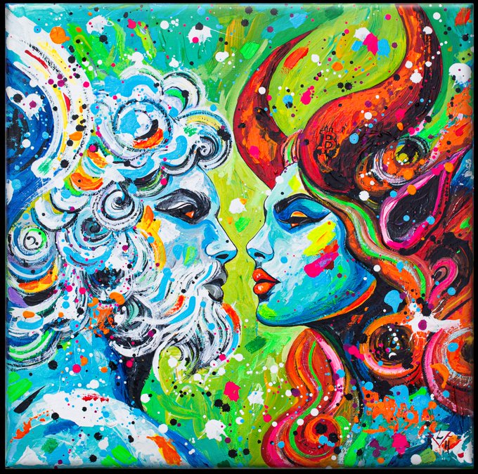 A vibrant abstract pop-art style painting depicting two faces in profile facing each other, rendered in bold blues, greens, oranges, and pinks with paint splatter effects.