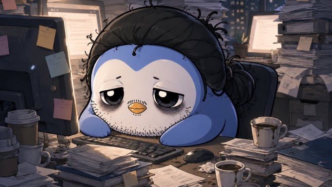 A sad, tired-looking blue penguin character with messy dark hair sits slumped over a desk in a cluttered office, surrounded by towering stacks of papers and empty coffee cups, visually capturing the exhausted grind of a crypto trader. The melancholic expression and chaotic workspace perfectly mirror the post's relatable "another day in the trenches" vibe of market losses, mutual support, and relentless hustle despite the bleeds.