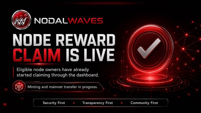 Promotional graphic for Nodal Waves announcing that 'NODE REWARD CLAIM IS LIVE', noting that eligible node owners have started claiming through the dashboard, with minting and mainnet transfer in progress.