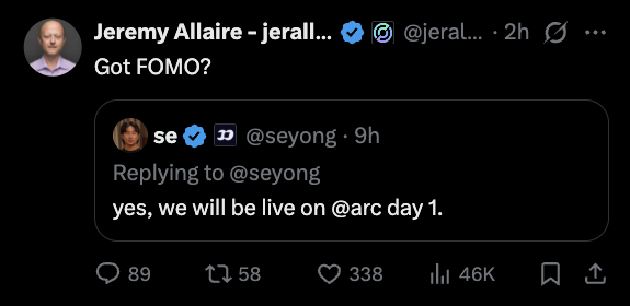Jeremy Allaire (Circle CEO, @jerallaire) tweets "Got FOMO?" quoting a reply from @seyong confirming they will be "live on @arc day 1." The image supports the narrative of Arc's CEO publicly endorsing the FOMO token ahead of Arc's launch, fueling speculation of an Arc memecoin season.