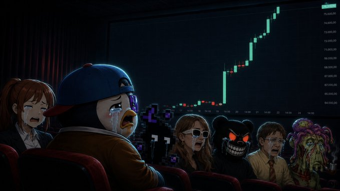 A meme image showing cartoon characters crying while watching a cryptocurrency chart showing a sharp upward trend.
