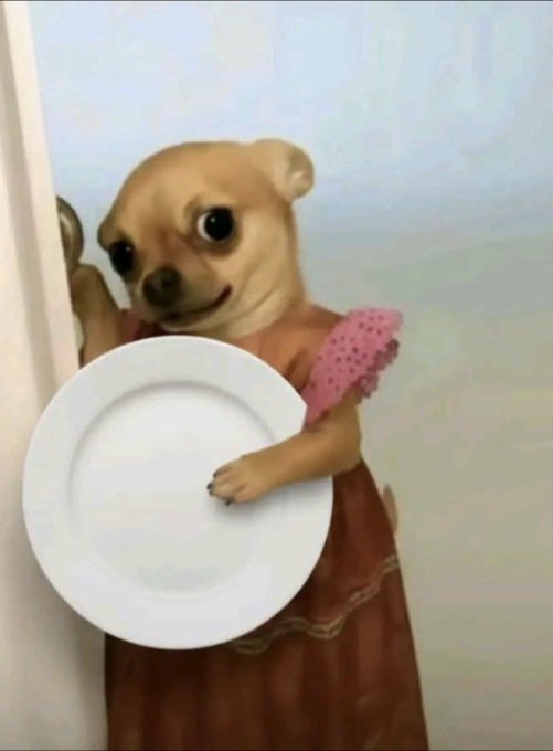 A surreal painting of a chihuahua with a human-like body wearing a pink top and brown skirt, holding a large white plate.