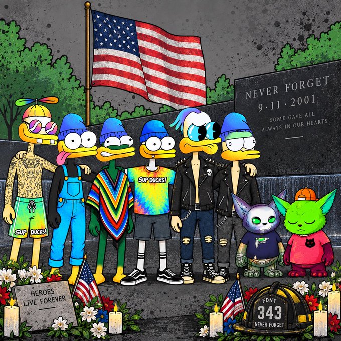 An illustrated tribute scene featuring cartoon duck characters wearing beanie hats and casual clothing, standing before an American flag and a 9/11 memorial stone inscribed 'NEVER FORGET 9·11·2001,' along with an FDNY 343 firefighter helmet and a 'HEROES LIVE FOREVER' sign.