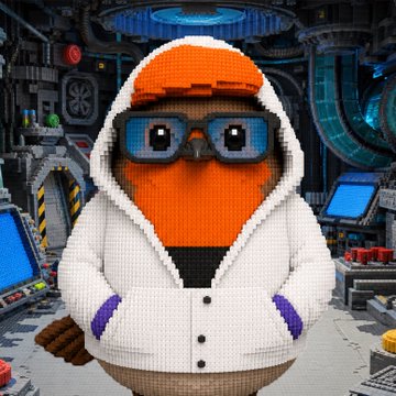 A LEGO/voxel-style penguin character wearing a white hooded jacket and blue sunglasses stands in a sci-fi industrial setting with blue screens and pipes.