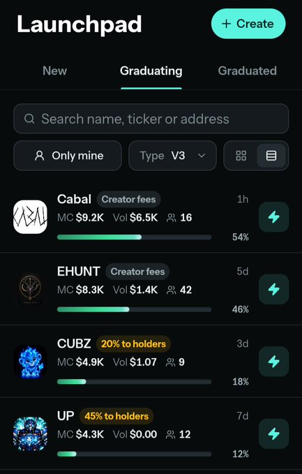 A dark “Launchpad” token-ranking app screen lists projects including Cabal, EHUNT, CUBZ, and UP, with filters such as “Only mine,” “Type V3,” progress bars, percentages, and a turquoise “+ Create” button.