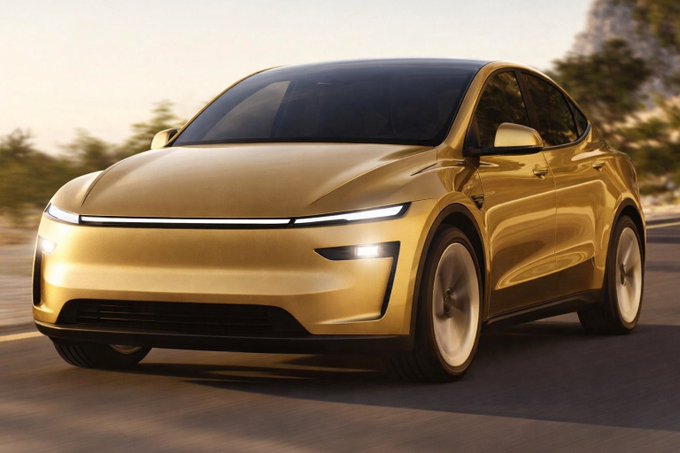 The image features a gold car driving down a road, with its headlights on. The car appears to be a sports utility vehicle (SUV) or a luxury sedan, as indicated by its design and color. The scene takes place during daylight hours, which is why the lighting in the photo is clear and well-lit.