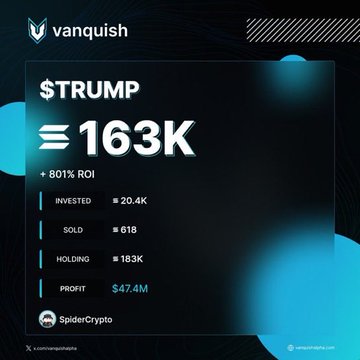 An image of a white poster with black text that reads, "Vanishish", "Trump", and "#TRUMP", followed by numbers. The numbers suggest there were 16,321 transactions for Trump in the past year (generated on September 7th) and the majority of these transactions were for $Trumps stock price, which was $4.72 at the time it was posted.