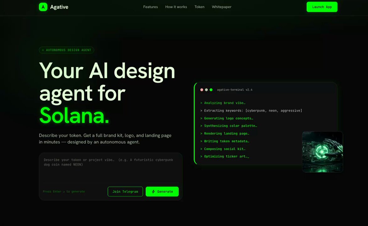 The image shows a website called "agitive" with a green background, featuring a black header and footer. The main content of the image is an advertisement for a product named "Agative Your AI design agent for Solana". The text on the image reads "Introducing Agative Your AI design agent for Solana. Describe your token → it designs the whole brand: logo, ticker art, landing page, social kit." and "In minutes. $AGATIVE fair launches 15 Jun - 17:00 UTC on pump.fun. agative.xyz". The image is related to a post about an AI design agent for Solana, as indicated by the caption provided in the image.