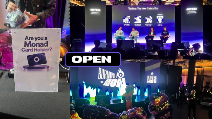 A collage showing a crypto conference with panels including a sign reading 'Are you a Monad Card Holder?', an 'OPEN' logo, and a 'BURNING MON' branded display.
