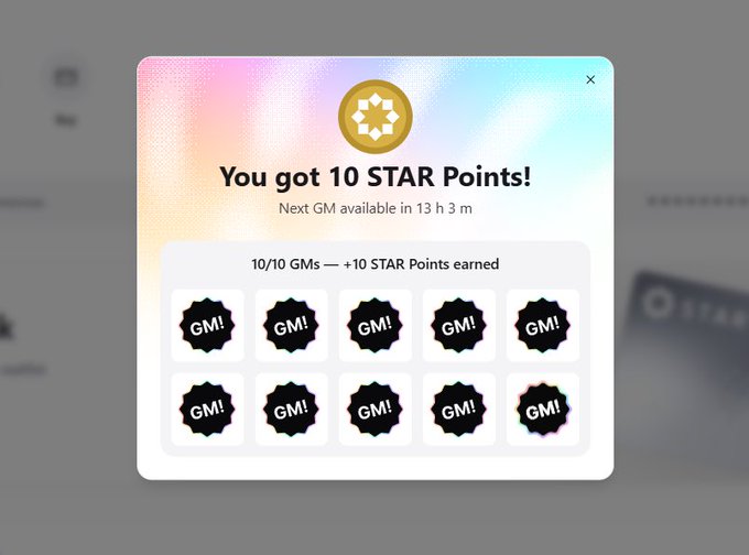 A pop-up notification from Startale displays "You got 10 STAR Points!" after completing a 10/10 GM streak, showing 10 black "GM!" badge icons arranged in two rows of five. This visually reinforces the post's message that maintaining a daily 10-day GM streak now yields 10 STAR Points, with the next GM available in 13 hours and 3 minutes.