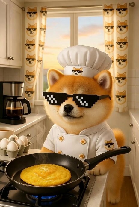 The image features a cartoon dog wearing a chef's hat, sunglasses, and apron while standing next to an open frying pan filled with food. The background includes a window with curtains and various kitchen appliances such as a coffee maker and a microwave. The caption of the image reads "GM frens!! GM $DOGE hodlers!! Happy Tipping Tuesday!! Generated with @grok imagine".