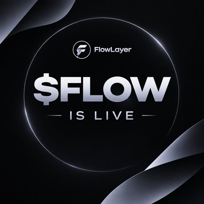 A dark promotional graphic with circular design elements displaying the FlowLayer logo and bold text reading "$FLOW IS LIVE".