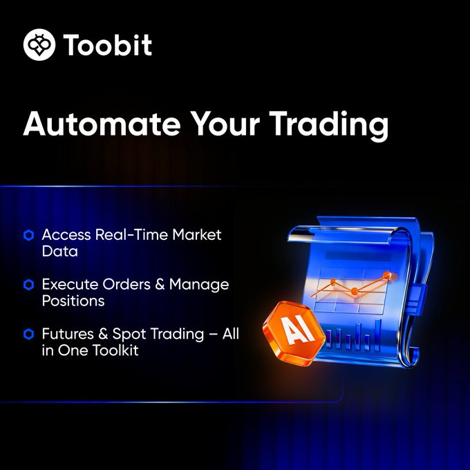 The image features a blue book cover with an orange graphic of the shape "A" next to the title "Automate Your Trading". Below this, there's a list of instructions for Toobit trading software that includes options like analyzing markets, executing orders, and managing positions within the trading kit. The background is black with a subtle image of a blue book cover present in the corner. There are also two more texts on the image: "Forecasts & Spot Trading - All", which could be related to the Toobit software's forex and cryptocurrency capabilities; and another one, "Keep your assets secure," highlighting the software's security features for users' financial data storage.