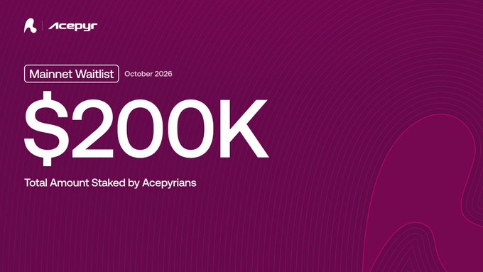 A purple Acepyr graphic reads “Mainnet Waitlist October 2026,” “$200K,” and “Total Amount Staked by Acepyrians.”