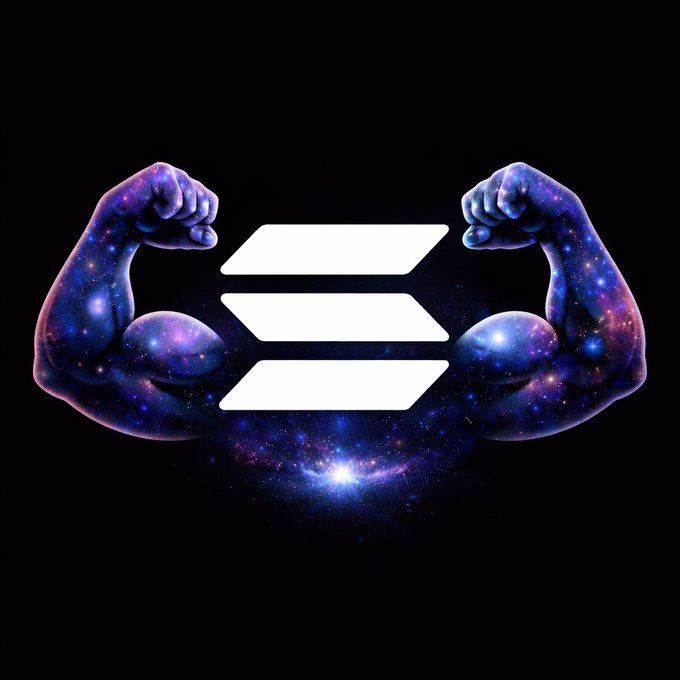 The image features two muscular arms, each with a white logo of the letter "S", symbolizing strength and power. The background of the image is black, which contrasts with the vibrant blue space surrounding the arms. The text "imagine fading Solana i owe a lot to Solana ride or die" is written in white at the bottom right corner of the image. This message suggests that the strength and power represented by the logo are essential for success and growth, just like the character "Solana" from the cryptocurrency "Solana".