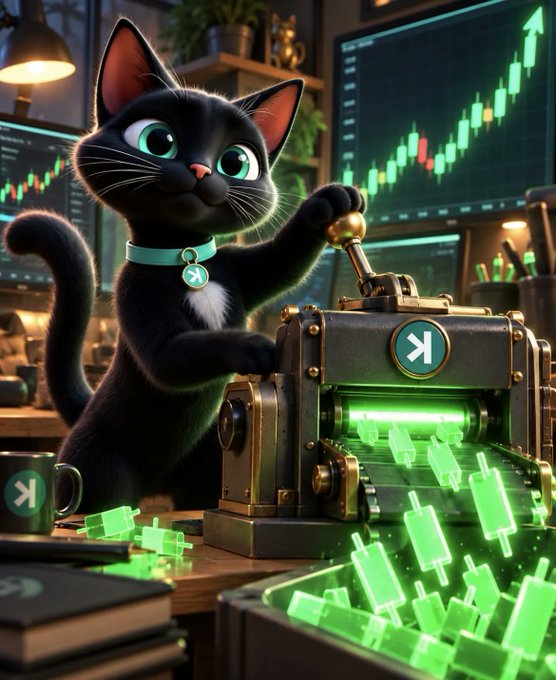An animated black cat with big green eyes operates a machine printing glowing green candlestick charts, with a stock chart showing a green uptrend visible on a monitor in the background.