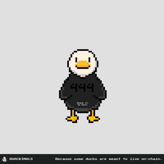 The image features a cartoon duck wearing a black hoodie with the number 4444 on its chest. The duck appears to be standing upright against a gray background. Below the image, there's text that reads "Quackinal" followed by an explanation about why some ducks are worth living on chains.
