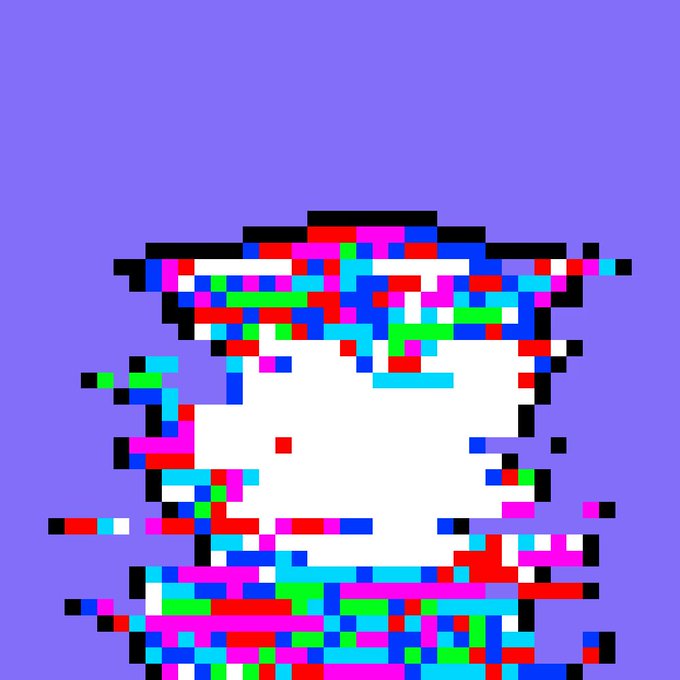 The image shows a pixelated, glitch-art style portrait of a character wearing a wide-brimmed hat, rendered in a chaotic mosaic of bright red, blue, green, pink, and cyan pixels against a purple background, with the face appearing partially obscured by white and colorful digital artifacts. It represents the 1/1 InkBird NFT being offered by the first 100 wallets listed in the "#InkOnchain" drop, with the glitchy aesthetic evoking the bird "seeking a cozy nest."