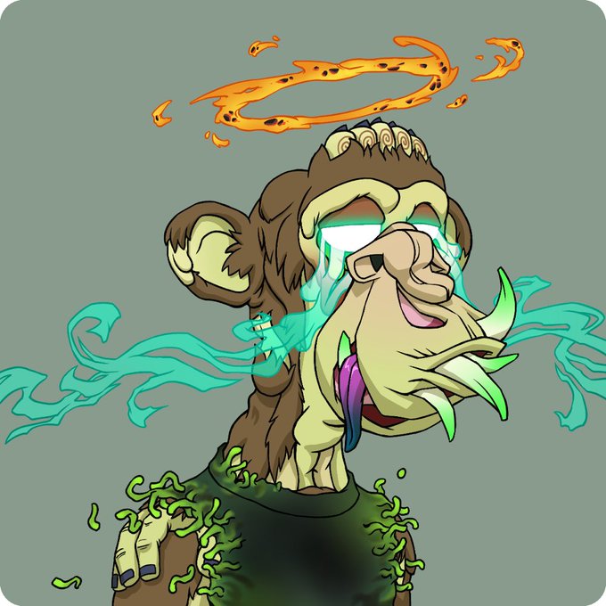 A cartoon illustration of a monstrous creature with a boar-like face, sharp green tusks, glowing teal energy emanating from its eyes and mouth, and a flaming orange halo above its head.