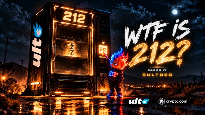 A promotional image for 'ULT' crypto token featuring a fiery vending machine labeled '212' and text reading 'WTF IS 212? PRESS IT. $ULTDEG' with crypto.com branding.
