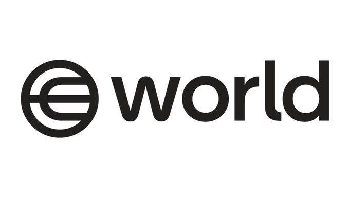A black and white logo for 'eworld' featuring a stylized 'e' symbol inside a circle next to the wordmark.