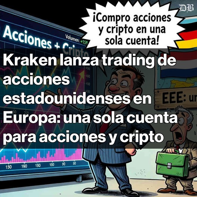 A Spanish-language graphic features a cartoon of a man in a suit with a speech bubble saying '¡Compro acciones y cripto en una sola cuenta!', set against a background of stock charts and country flags, with the headline text: 'Kraken lanza trading de acciones estadounidenses en Europa: una sola cuenta para acciones y cripto'.