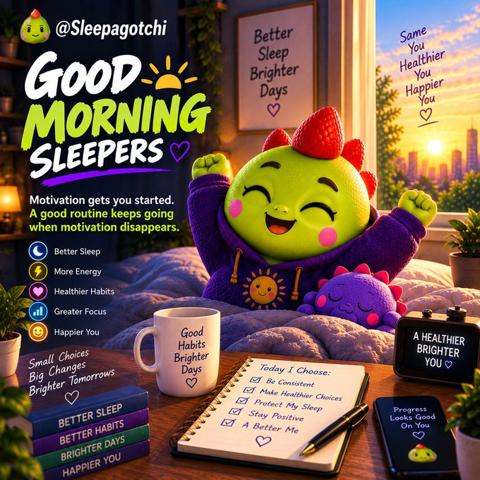A vibrant promotional graphic from '@Sleepagotchi' featuring a cheerful green mascot stretching in bed, with the text 'GOOD MORNING SLEEPERS' and motivational messages about better sleep, habits, and brighter days.