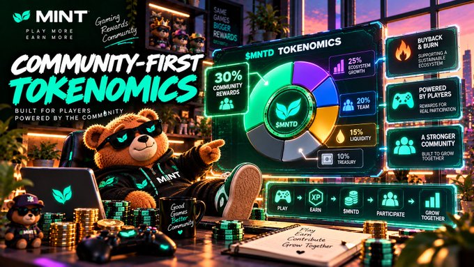 A promotional graphic for 'MINT' displays 'COMMUNITY-FIRST TOKENOMICS' with a teddy bear mascot, a pie chart showing $MNTD token distribution (30% community rewards, 25% ecosystem growth, 20% team, 15% liquidity, 10% treasury), and icons highlighting buyback & burn, rewards, and community growth features.