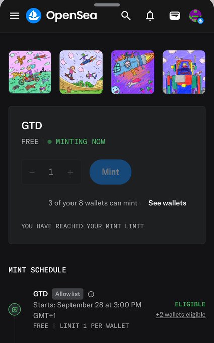 A screenshot of the OpenSea app displaying a 'GTD' NFT minting page that is free, marked 'Minting Now,' with a note that the user has reached their mint limit.