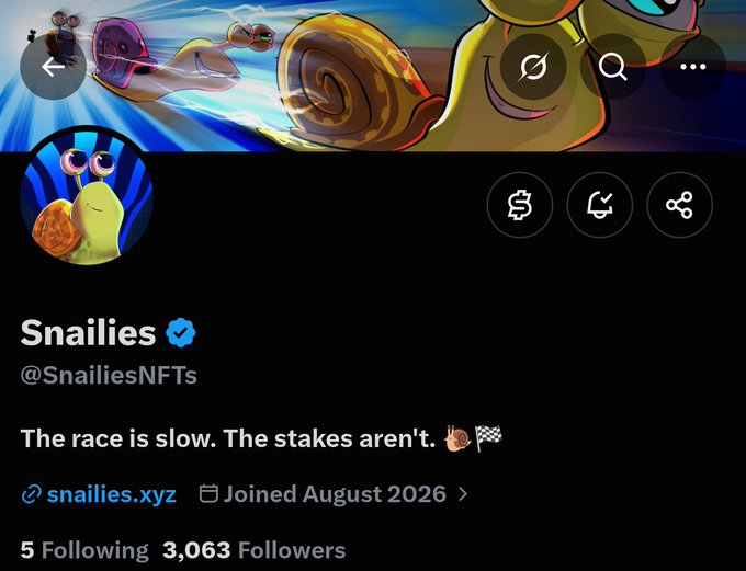 A Twitter (X) profile page for **@SnailiesNFTs** ("Snaillies") is shown, featuring a verified blue checkmark, a cartoon snail banner and avatar, the bio "The race is slow. The stakes aren't. 🐌🏁," a link to snaillies.xyz, a join date of August 2026, 5 following, and **3,063 followers**. The accompanying post highlights this as an "Early Find" NFT project with a 4,444 supply, launching on OpenSea via Robinhood.