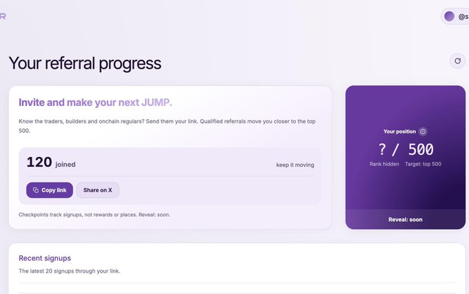 A user interface screen titled 'Your referral progress' shows 120 people have joined, with a rank hidden and a target of top 500, alongside a 'Copy link' button.