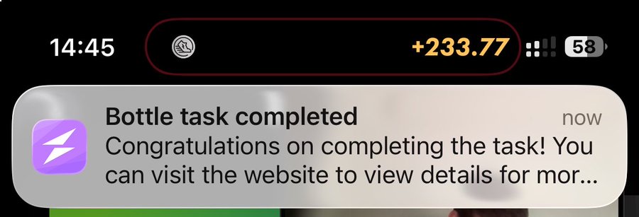The image shows an email notification from a bottle task app, congratulating users for completing their tasks. The message includes details about the completed tasks and encourages users to participate in the next challenge by spending 6+ energy using a Jogger.