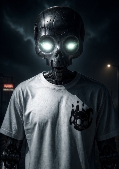 A robotic figure with glowing green eyes and a skull-like metal face wears a white t-shirt featuring a small black graphic logo, set against a dark, stormy night sky.