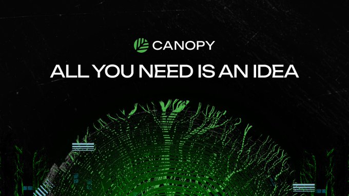 A dark background graphic featuring the 'CANOPY' logo and the slogan 'ALL YOU NEED IS AN IDEA' in white text above an abstract green circuit-like design.