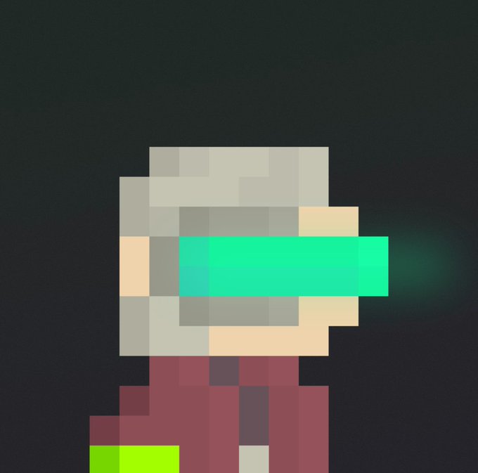 A pixel art character with grey hair and a glowing green visor stands against a dark background.