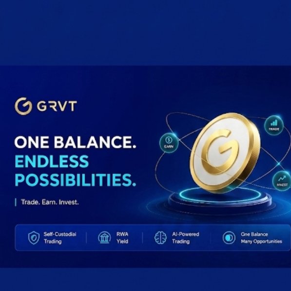 Promotional graphic for GRVT featuring the tagline 'ONE BALANCE. ENDLESS POSSIBILITIES.' alongside icons for Trade, Earn, and Invest, with features including Self-Custodial Trading, RWA Yield, AI-Powered Trading, and One Balance Many Opportunities.