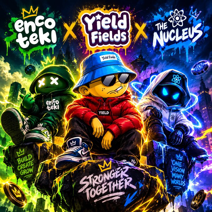A vibrant graffiti-style promotional poster featuring three cartoon characters representing "encoteki", "Yield Fields", and "THE NUCLEUS". The characters are seated on rocks with the text "STRONGER TOGETHER" displayed below, along with "BUILD CREATE GROW" and "ONE VISION MANY WORLDS".