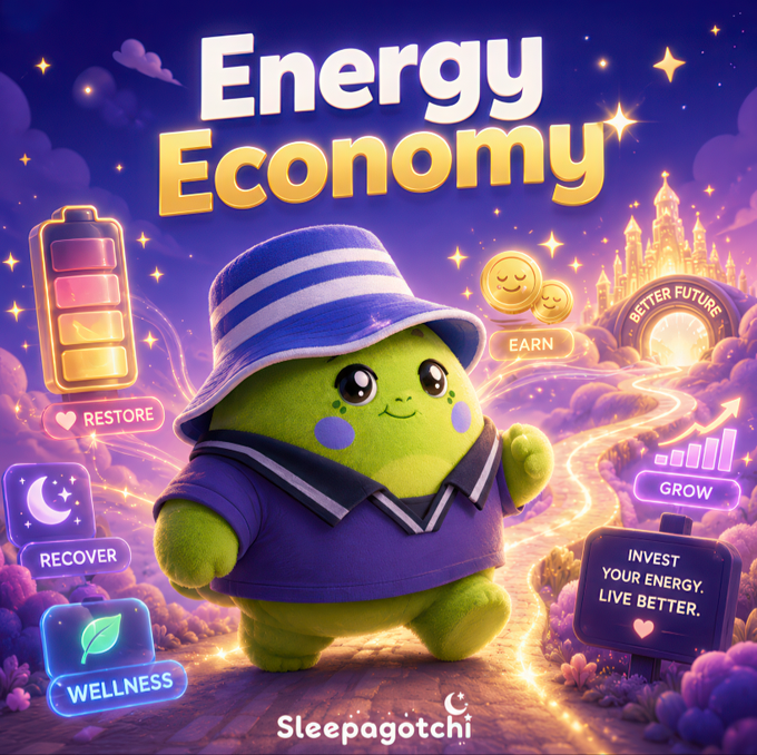 The image is a vibrant promotional graphic titled "Energy Economy" featuring a cute green mascot wearing a blue bucket hat and purple shirt, surrounded by wellness-themed UI elements labeled "Restore," "Recover," "Wellness," "Earn," "Grow," and "Invest Your Energy. Live Better," with a glowing castle labeled "Better Future" in the background and the "Sleepagotchi" brand at the bottom.

The image reinforces the post's message by visually framing personal energy as a manageable in-game economy—showing how Sleepagotchi's tools (sleep data, mood checks) let users restore, recover, and reinvest their energy to "Live Better" and reach that glowing "Better Future."
