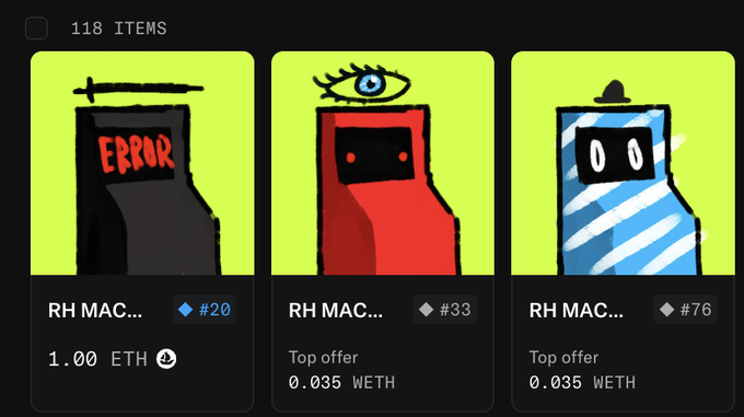 A dark-themed NFT marketplace interface displays three "RH MAC..." arcade machine collectibles from the RH MAC collection, with item numbers #20, #33, and #76 priced at 1.00 ETH and top offers of 0.035 WETH, alongside a header showing "118 ITEMS." The image relates to the post about the btcmachine.website update, showcasing available RH MAC NFT listings on OpenSea as the marketplace fills out with the collection's items.