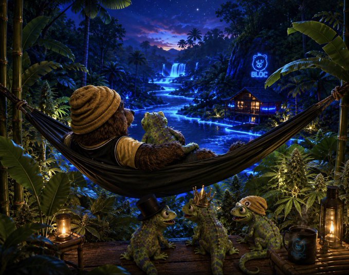 Digital artwork of a bear in a hammock and three frogs wearing hats at night in a jungle setting with a river, waterfall, and a 'BLOC' neon bear sign visible.