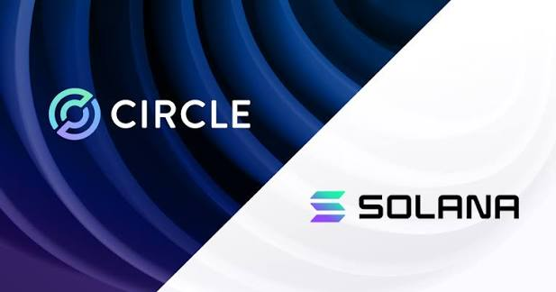 A split graphic showing the Circle logo on a blue wavy background on the left side and the Solana logo on a white background on the right side.