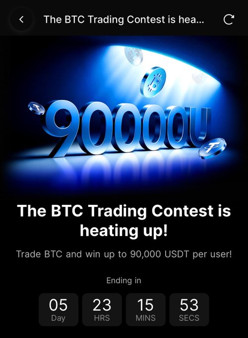A promotional screen advertises 'The BTC Trading Contest is heating up!' offering a chance to win up to 90,000 USDT, with a countdown timer showing 05 days, 23 hours, 15 minutes, 53 seconds remaining.